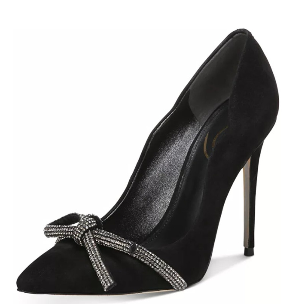 Sam Edelman Womens Deela Rhinestone Bow Pumps 9M Black Satin Heels NIB